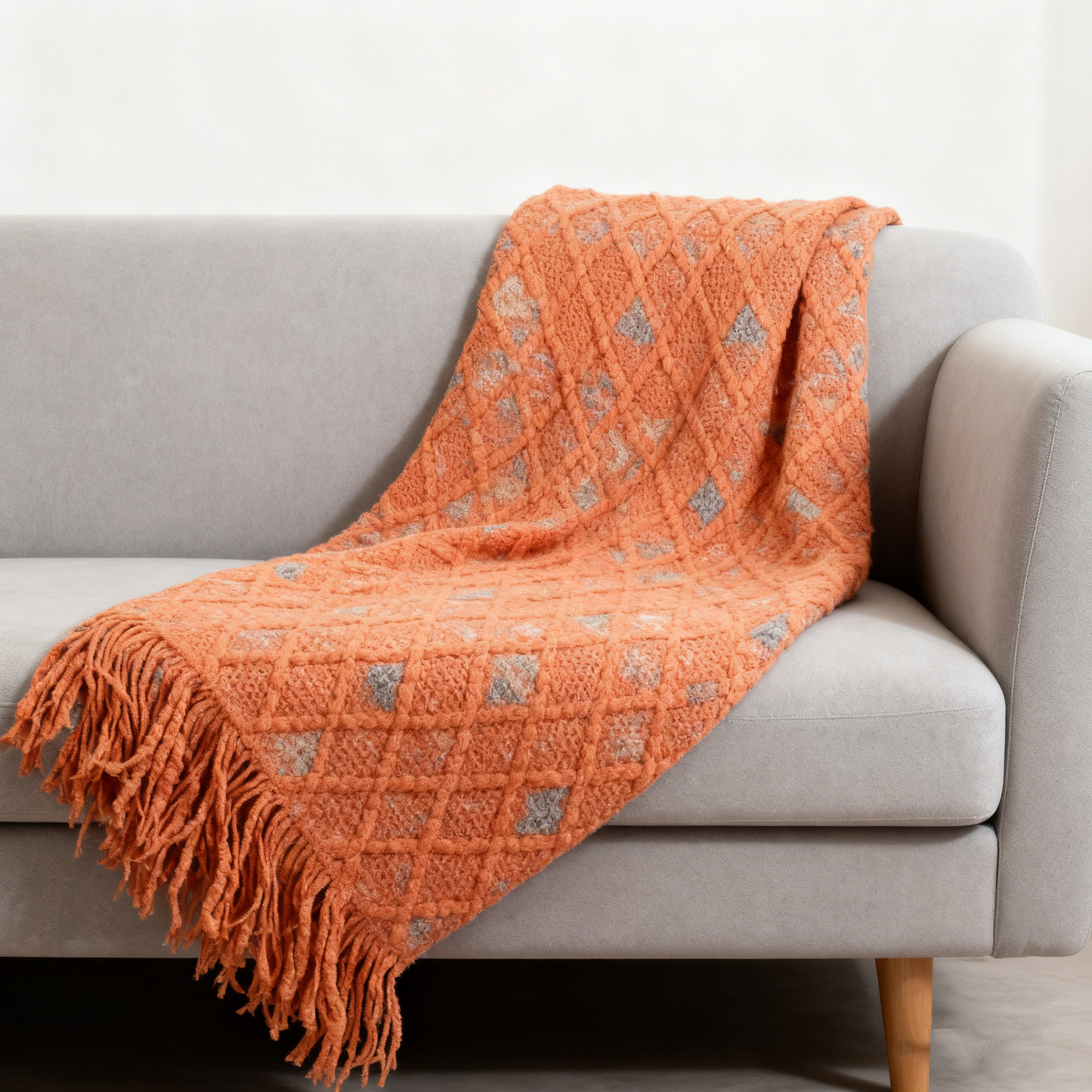 Boho Style Diamond Knit & Fringes Throw Blanket
