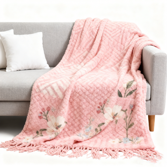 Soft Ribbed Pattern Fringed Trim Throw Blanket