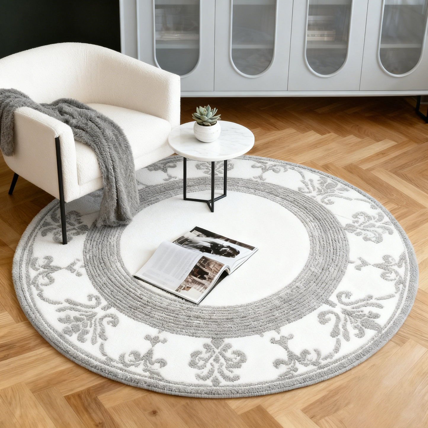 Textured Grey Circular Rug